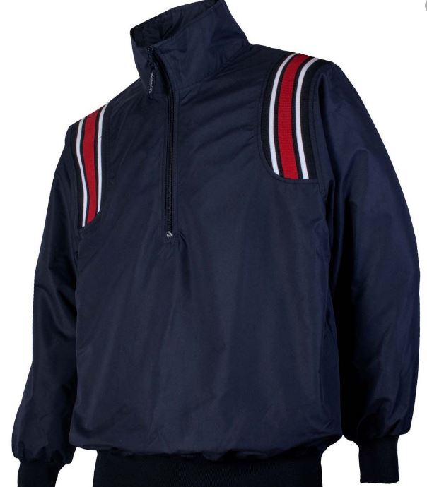 Stripes & Strikes Navy Long Sleeve 1/4 Zip Jacket with red/white shoulder stripes (closed bottom)